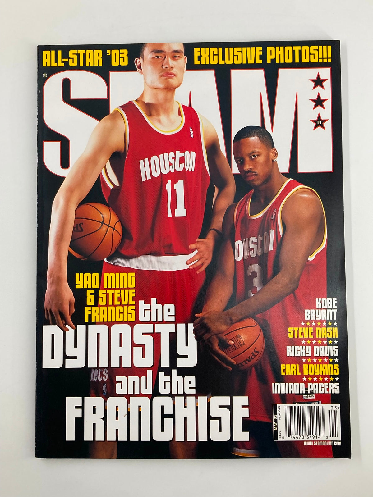 Slam Magazine May 2003 featuring Yao Ming and Steve Francis on the cover, highlighting the Houston Rockets stars with a bold design and All-Star '03 mention.