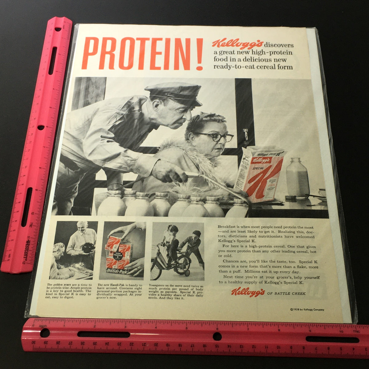 Front view of a 1958 Kellogg's Special K print ad featuring an illustration of a man serving breakfast, highlighting the protein content of the cereal.
