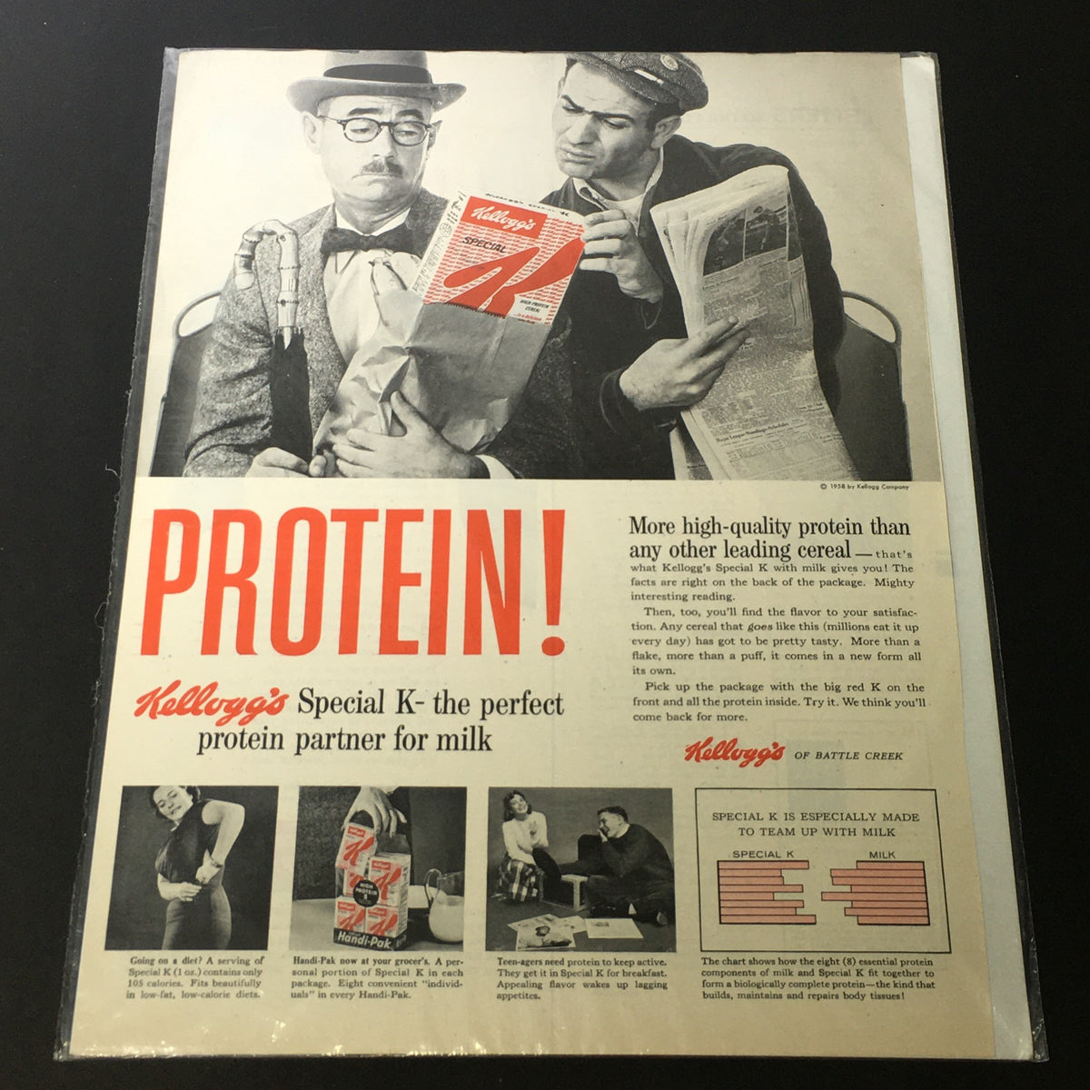 VTG 1958 Kellogg Company Kellogg's Special K Protein Cereals Print Ad, showcasing vintage advertising style with emphasis on protein benefits, featuring classic imagery and branding.