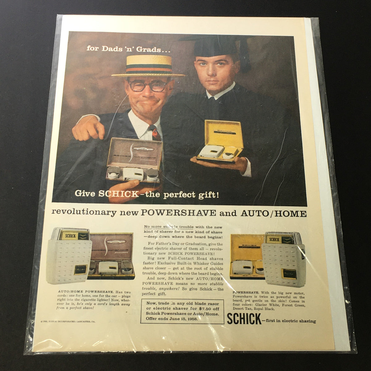 VTG June 15 1945 Schick Electric Powershave Auto/Home Shaving Kit print ad featuring two men in graduation attire showcasing the electric shaving kit as the perfect gift.