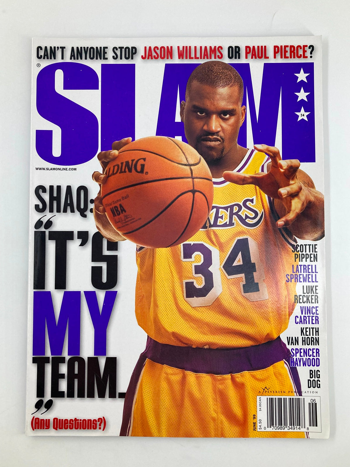 Cover of Slam Magazine June 1999 featuring NBA Lakers star Shaquille O'Neal in his yellow jersey with #34, holding a basketball, emphasizing his dominance in the sport.