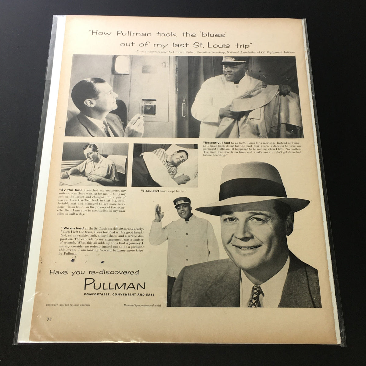 Vintage 1953 The Pullman Company print ad featuring a letter by Howard Upton, showcasing passengers in railway settings, illustrating the elegance of train travel.