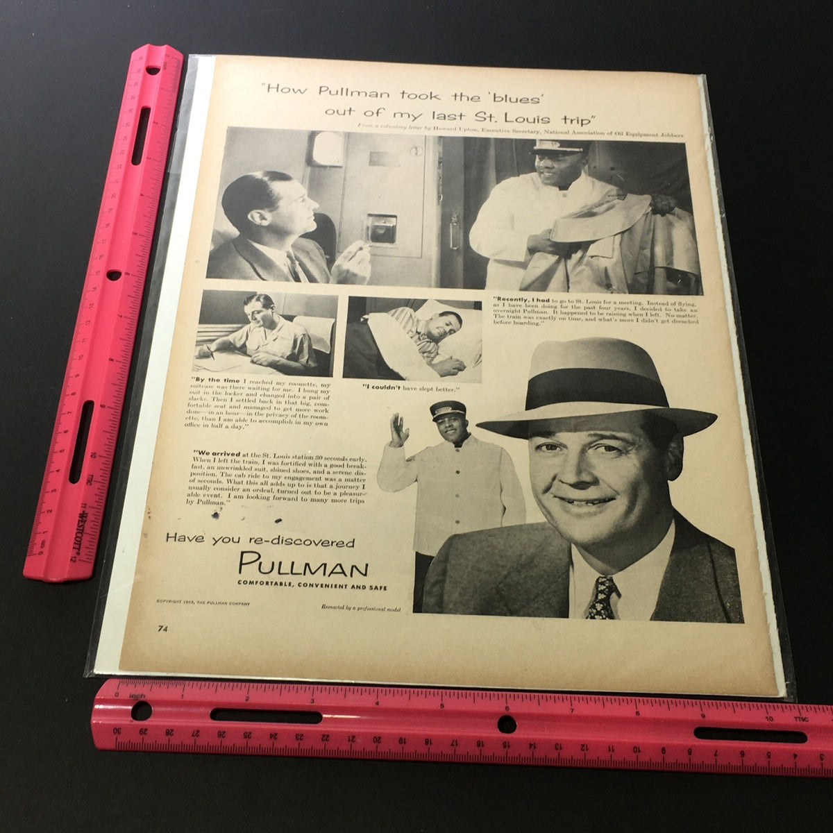 Vintage 1953 The Pullman Company print ad featuring a nostalgic letter by Howard Upton, showcasing the elegance of mid-century rail travel and advertising.