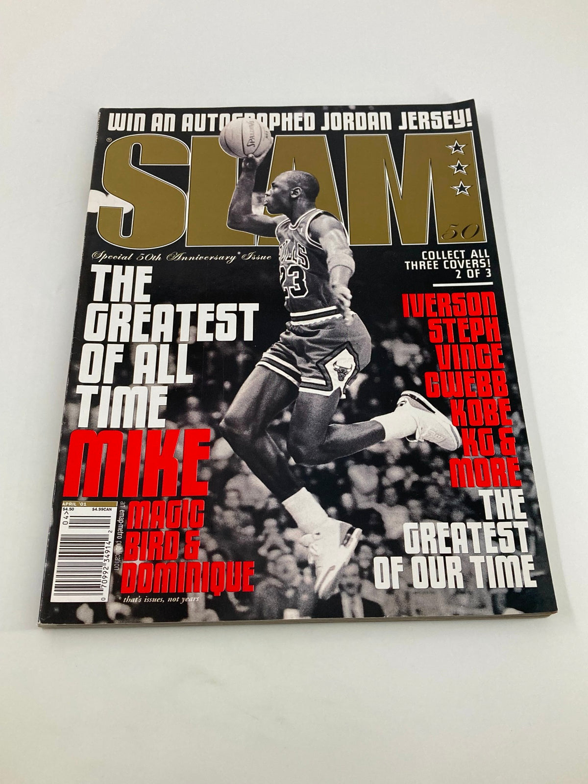 Slam Magazine April 2001 NBA issue featuring Chicago Bulls legend Michael Jordan on the cover, highlighting his status as the greatest of all time.