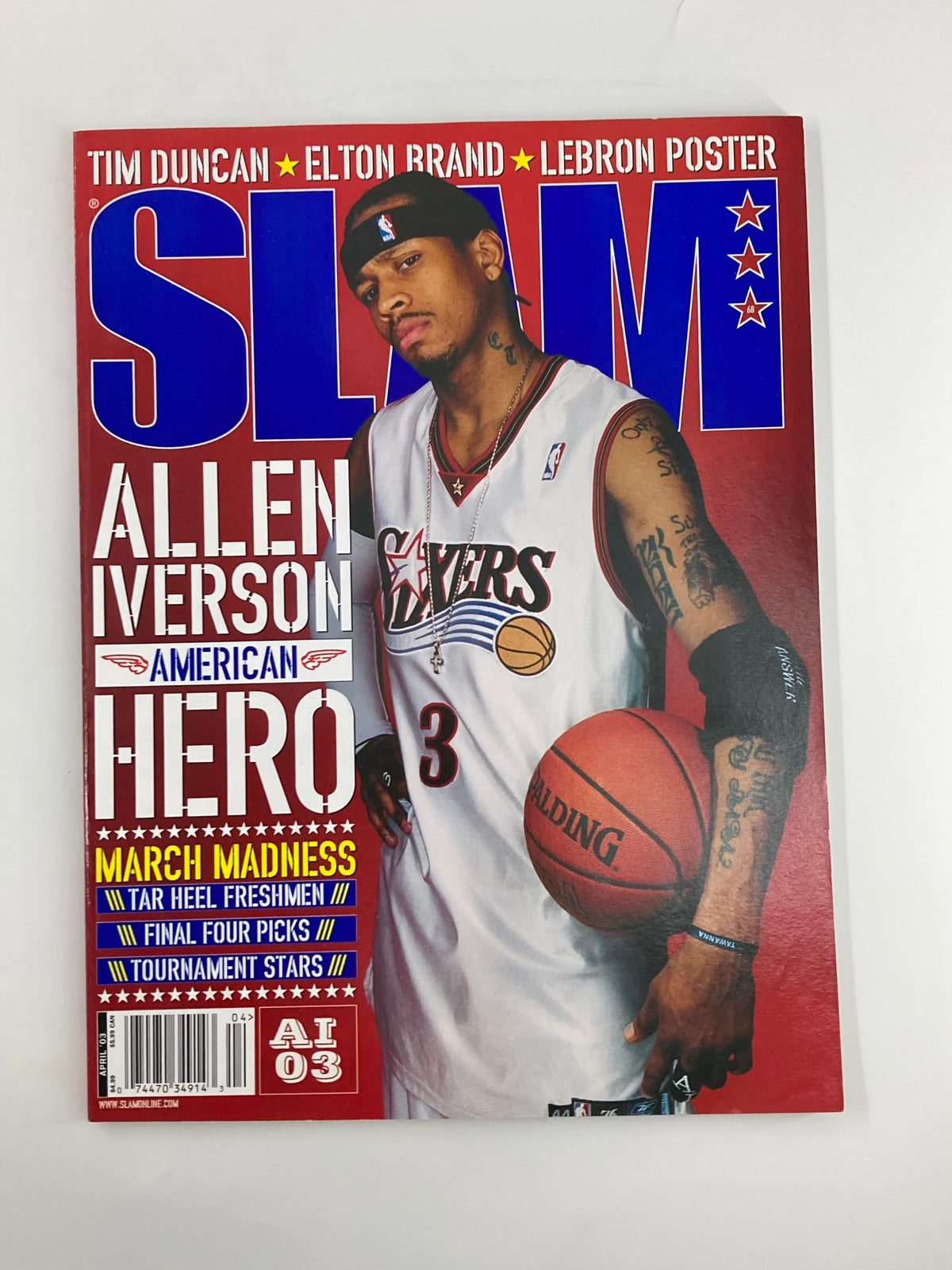 Cover of Slam Magazine April 2003 featuring NBA star Allen Iverson, showcasing his heroic persona wearing a Philadelphia Sixers jersey.