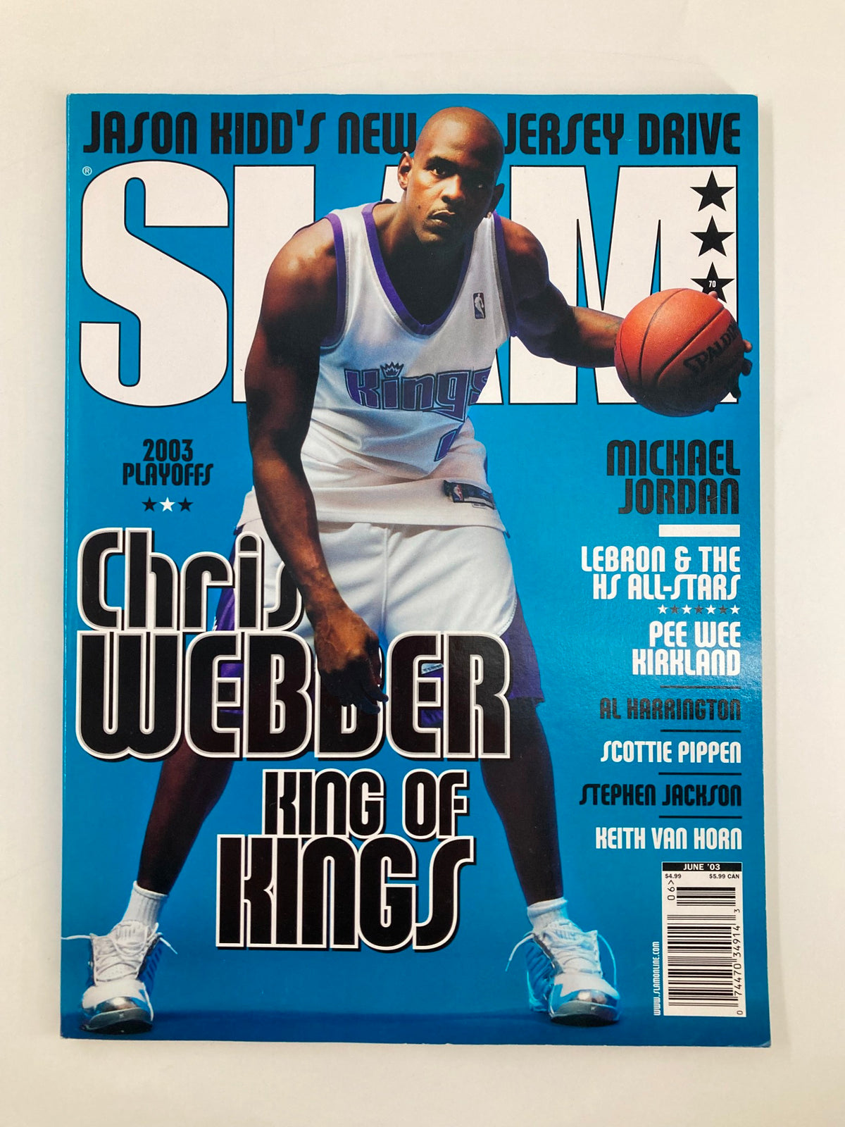 Slam Magazine June 2003 featuring Chris Webber, King of Kings, on the cover with a vibrant blue background and text highlighting the 2003 NBA Playoffs.