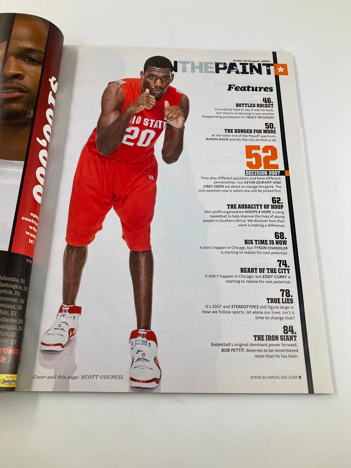 Interior page of Slam Magazine August 2007 showcasing Greg Oden in Team Ohio State gear with featured articles and statistics.