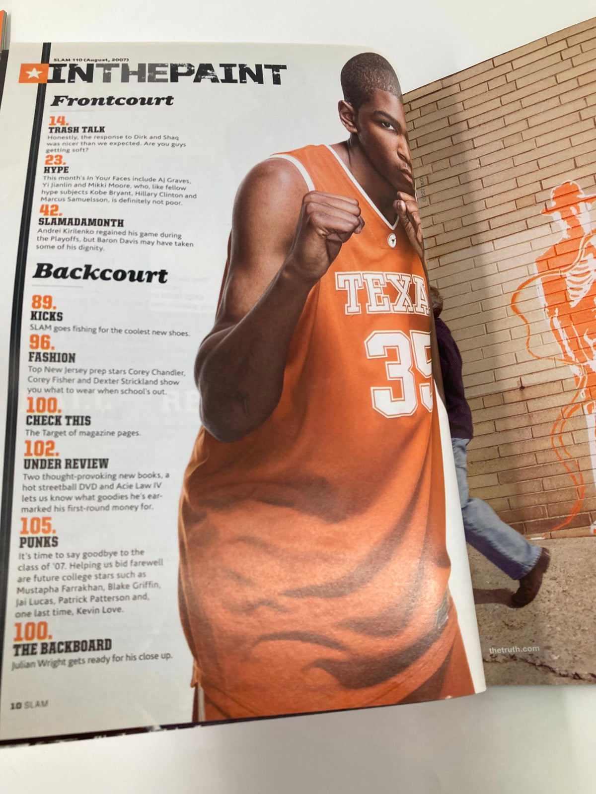 Interior page of Slam Magazine August 2007 displaying Kevin Durant in Texas Longhorns attire, including articles and player highlights.