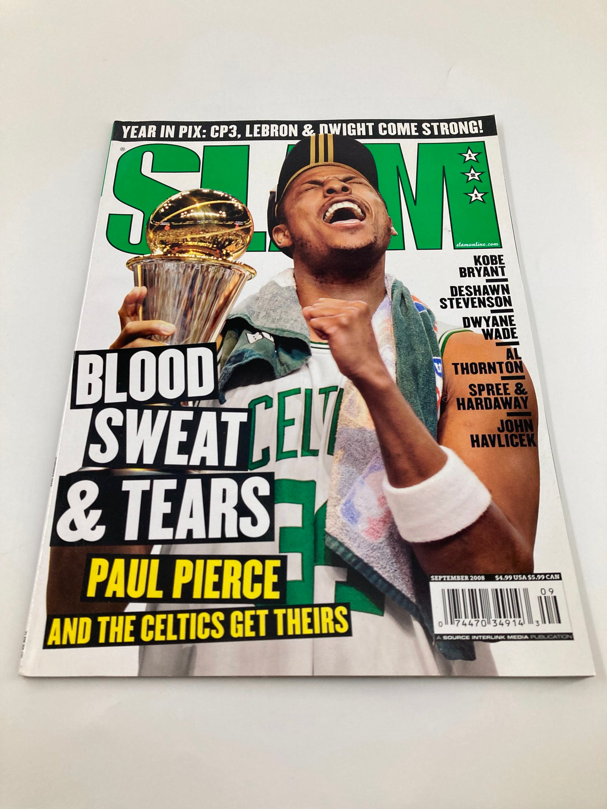 Cover of Slam Magazine September 2008 featuring NBA star Paul Pierce celebrating with a championship trophy, a notable issue for fans of Boston Celtics and basketball memorabilia.