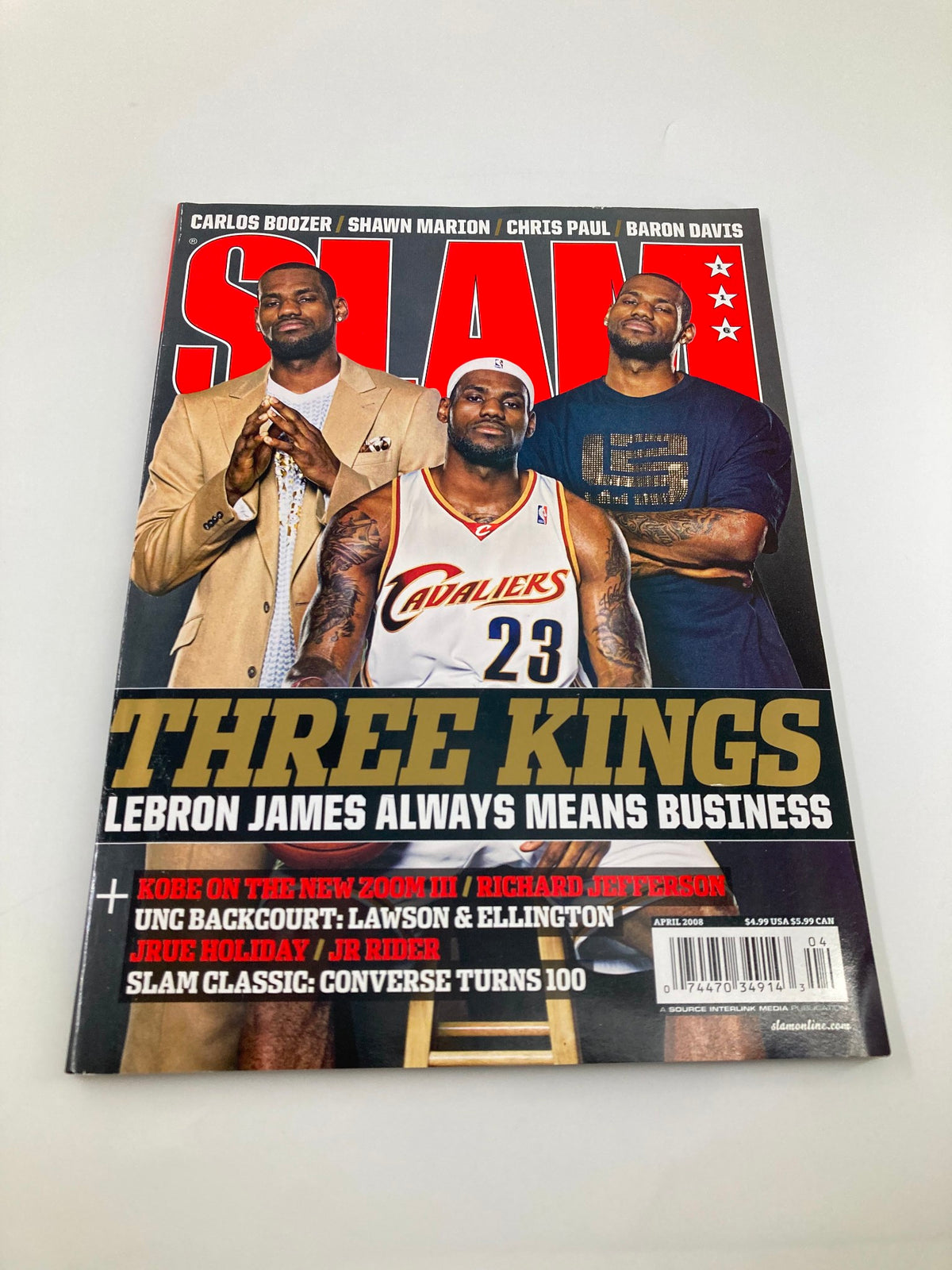 Alternative view of the cover of Slam Magazine April 2008 showcasing NBA superstar LeBron James, titled 'Three Kings: LeBron James Always Means Business', highlighting his impact on the game.
