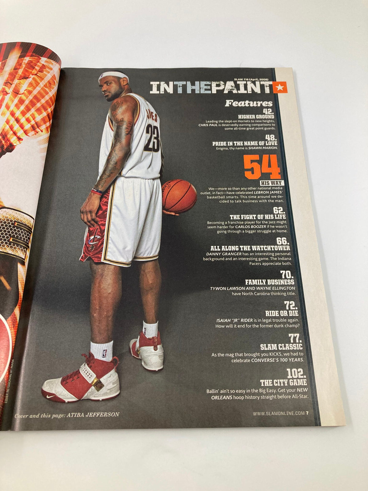 Inside page of Slam Magazine April 2008 featuring a full-page image of LeBron James in a Cavaliers uniform with a basketball, showcasing articles and features from the issue.