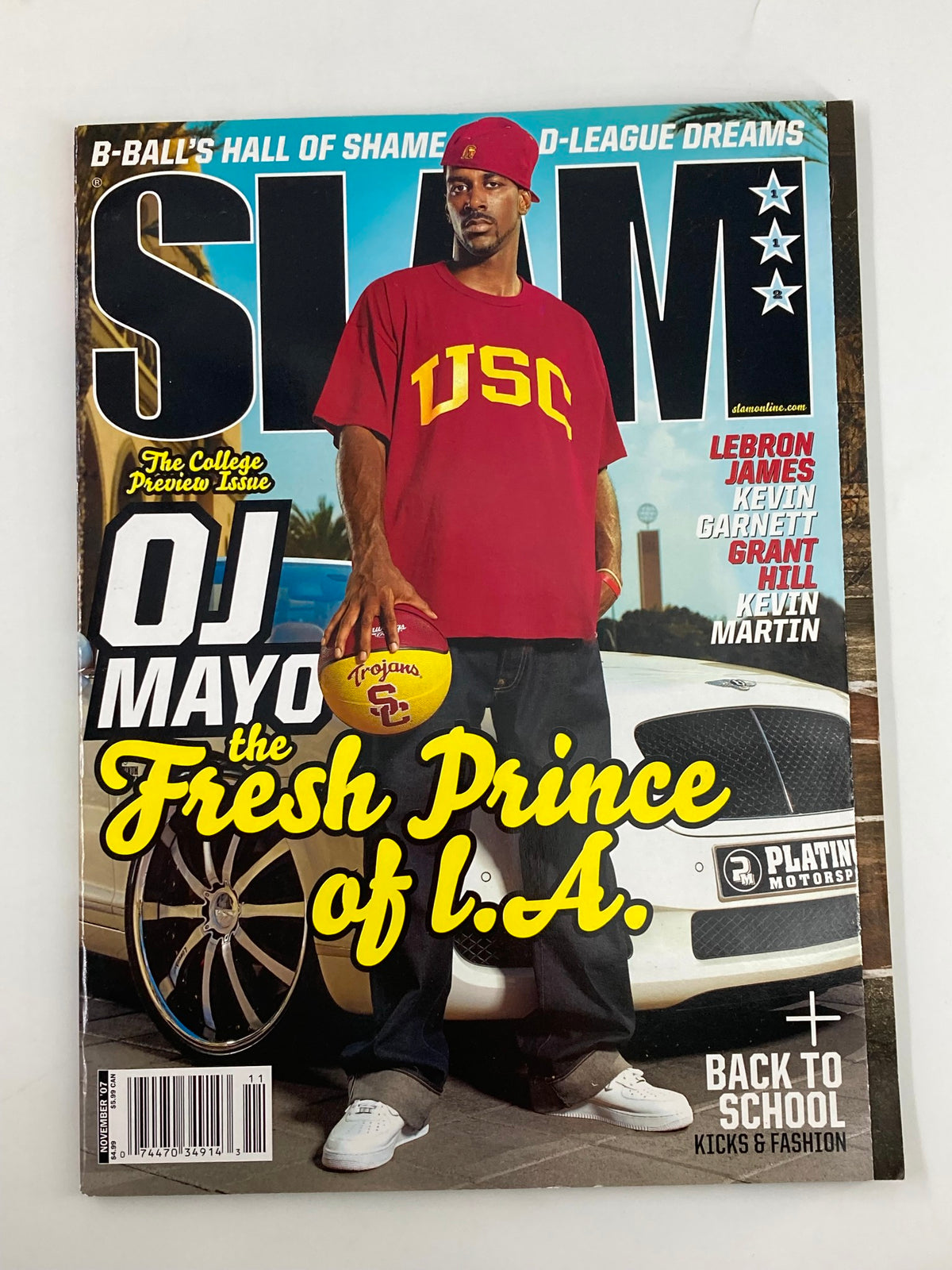 Slam Magazine November 2007 cover featuring OJ Mayo in a USC shirt, posing next to a luxury car with the title 'Fresh Prince of L.A.'