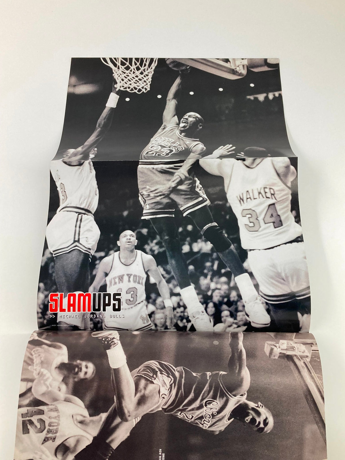Fold-out poster from Slam Magazine December 2001, depicting Michael Jordan dunking during a game, celebrating his legendary career.