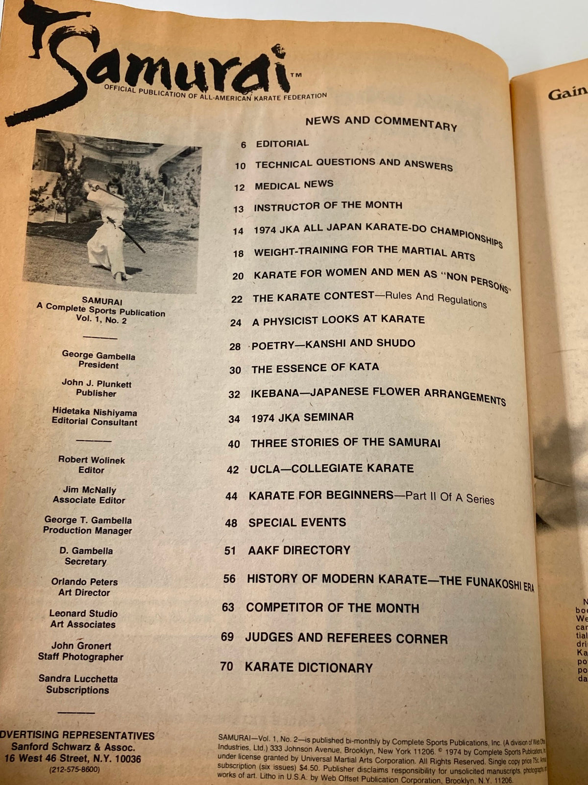 Internal page of VTG Samurai Magazine January 1975 Vol 1 #2 displaying the table of contents, including articles on karate and the history of modern karate.