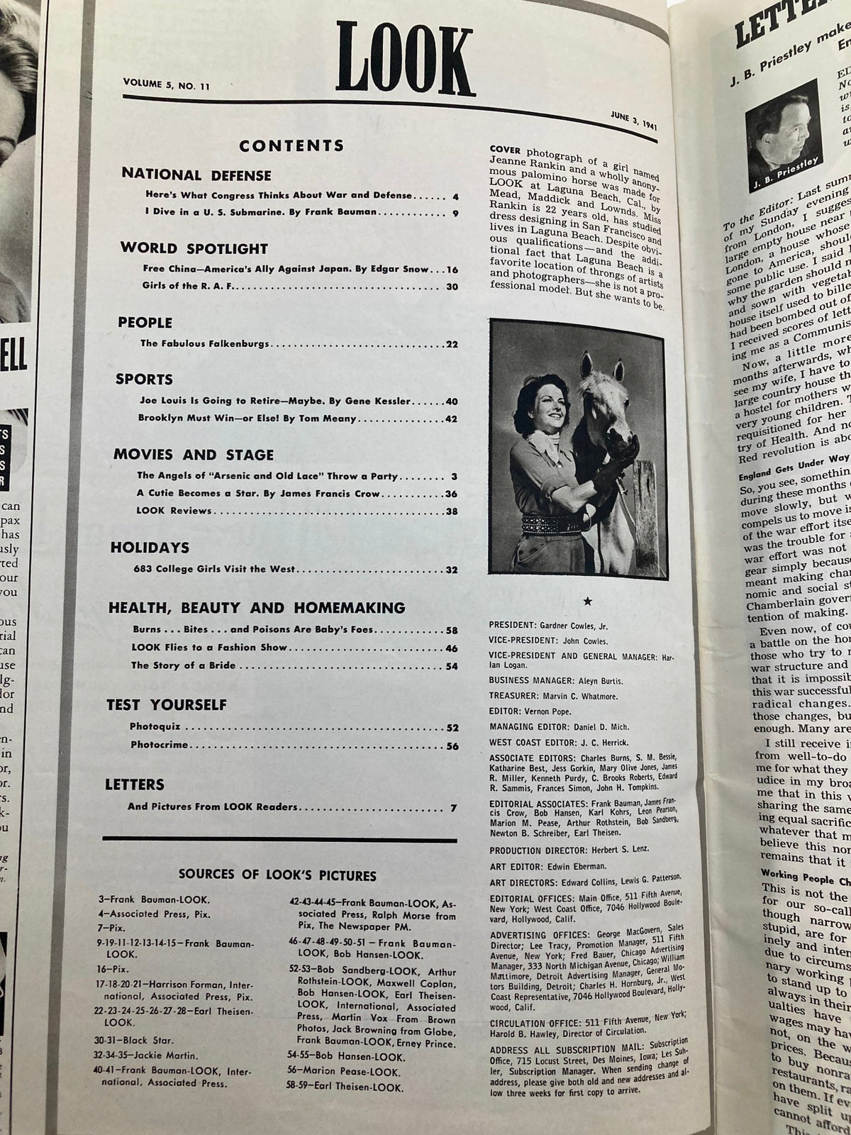 Contents page of VTG Look Magazine June 3 1941 showcasing articles including 'America's Ally Against Japan' by Edgar Snow.