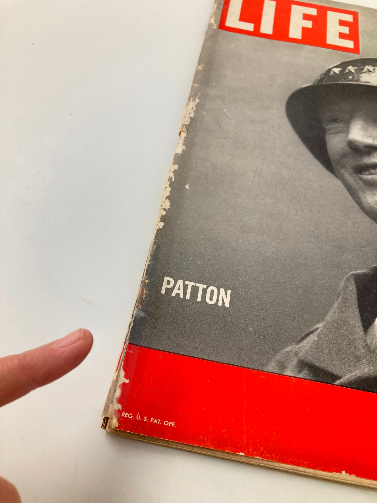 Close-up view of the VTG Life Magazine January 15, 1945 cover featuring General George S. Patton, highlighting the magazine's vintage charm and condition with visible wear.