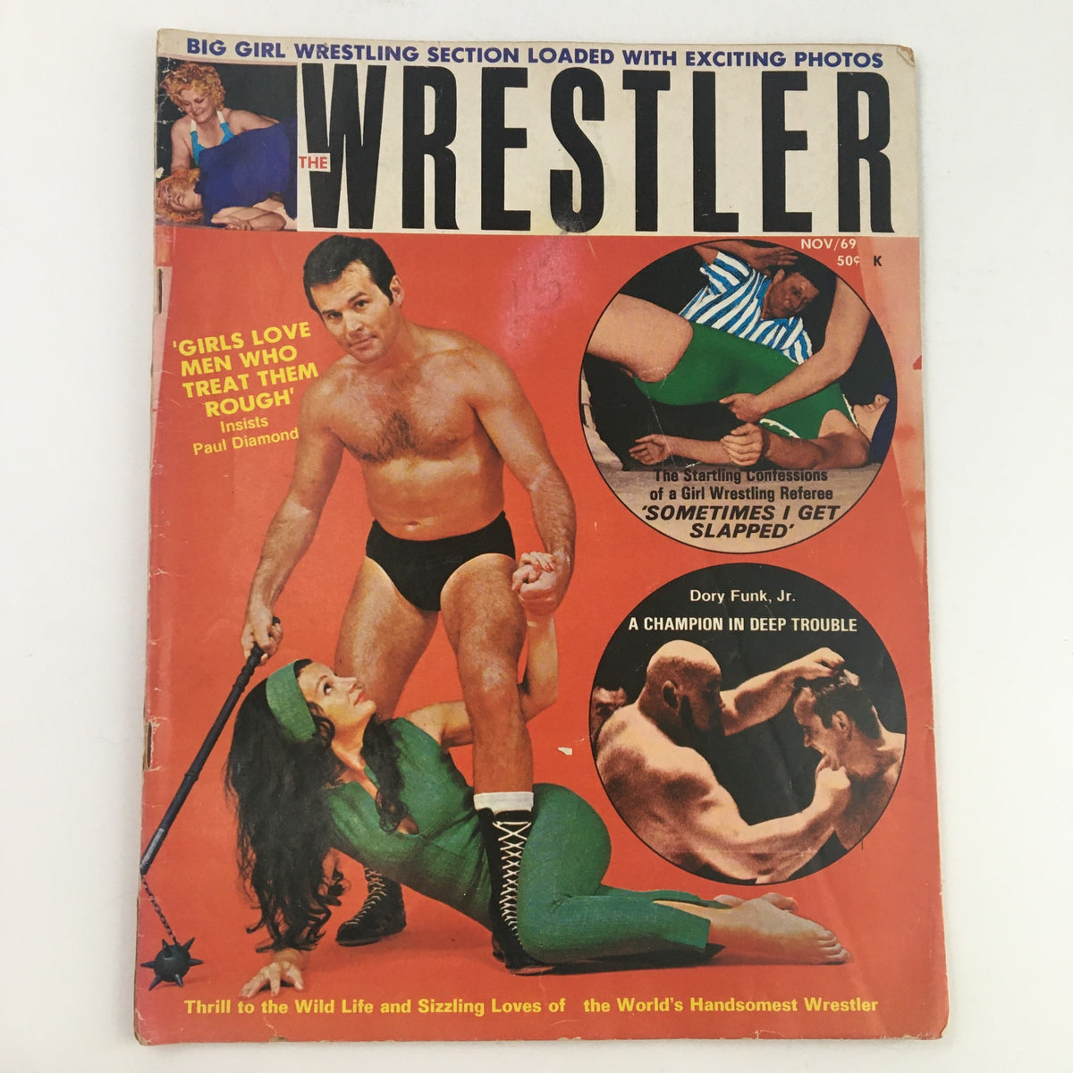 Cover of The Wrestler Magazine November 1969 featuring wrestling stars Paul Diamond and Dory Funk Jr. The vibrant cover highlights their iconic images and wrestling themes.