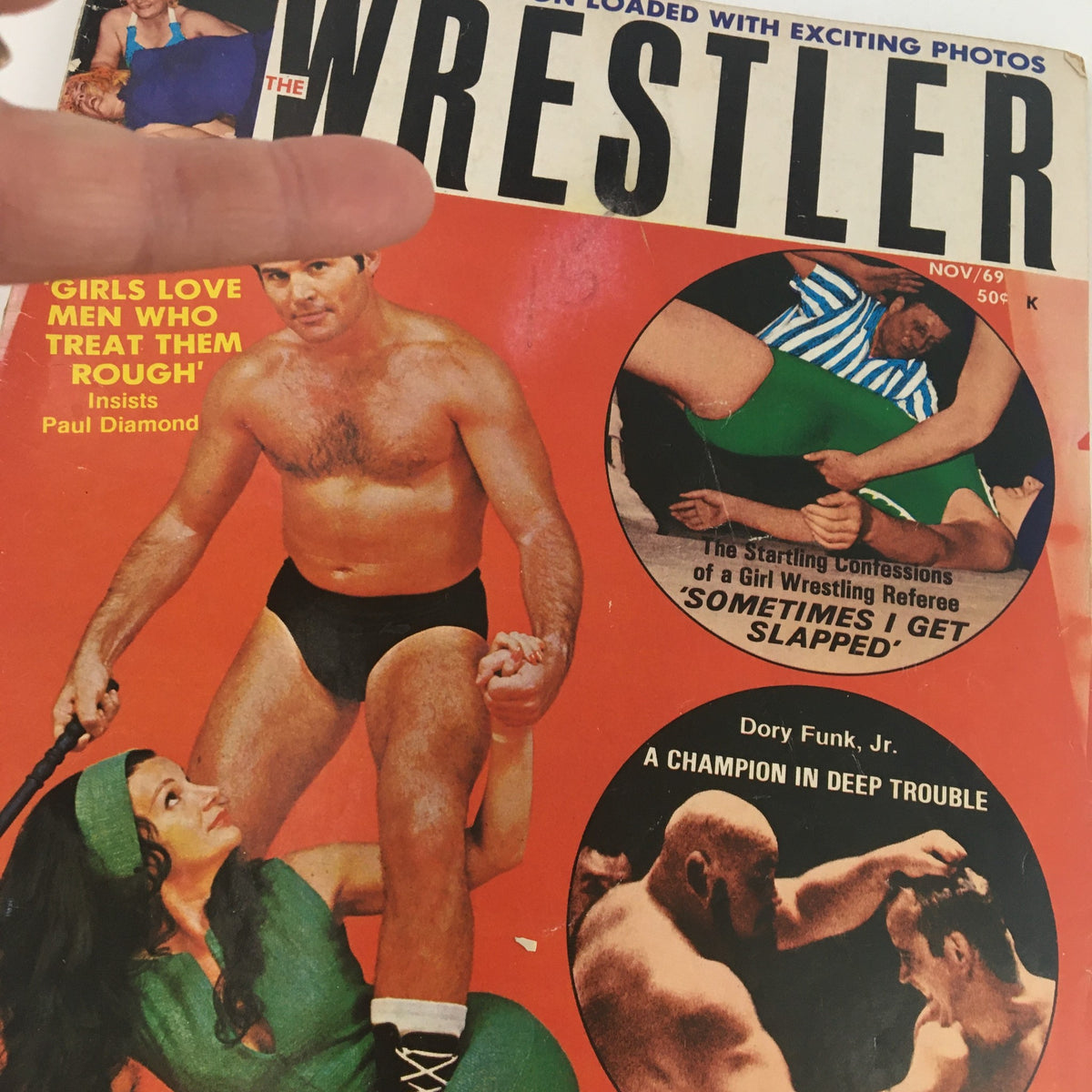 Close-up of The Wrestler Magazine November 1969 cover showcasing Paul Diamond, emphasizing his muscular physique and wrestling action, alongside the tagline featuring Dory Funk Jr. and wrestling-related content.