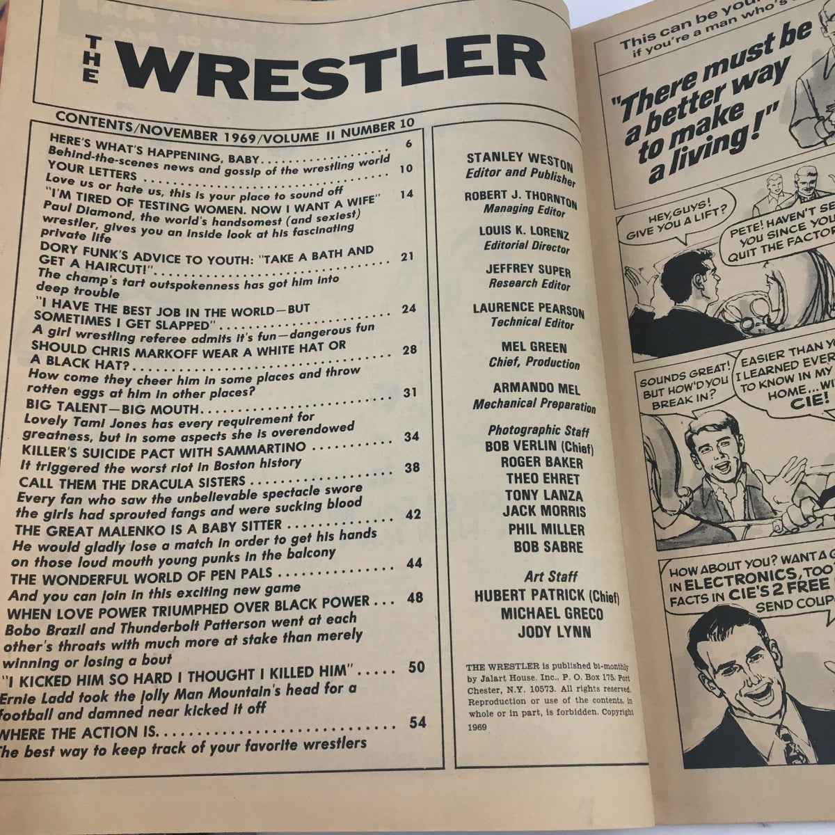 Contents page of The Wrestler Magazine November 1969 featuring articles about Paul Diamond, Dory Funk Jr., and other wrestling news.