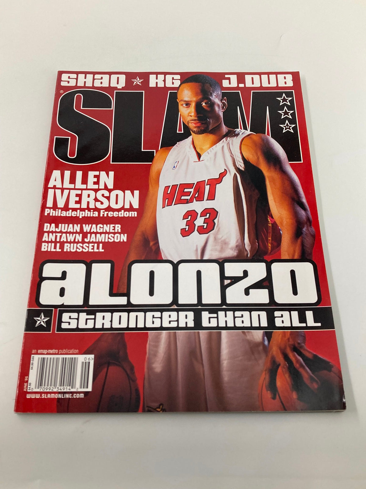 Close-up of Slam Magazine June 2001 cover highlighting Alonzo Mourning of the Miami Heat, emphasizing his strong presence in basketball history and remarkable career.