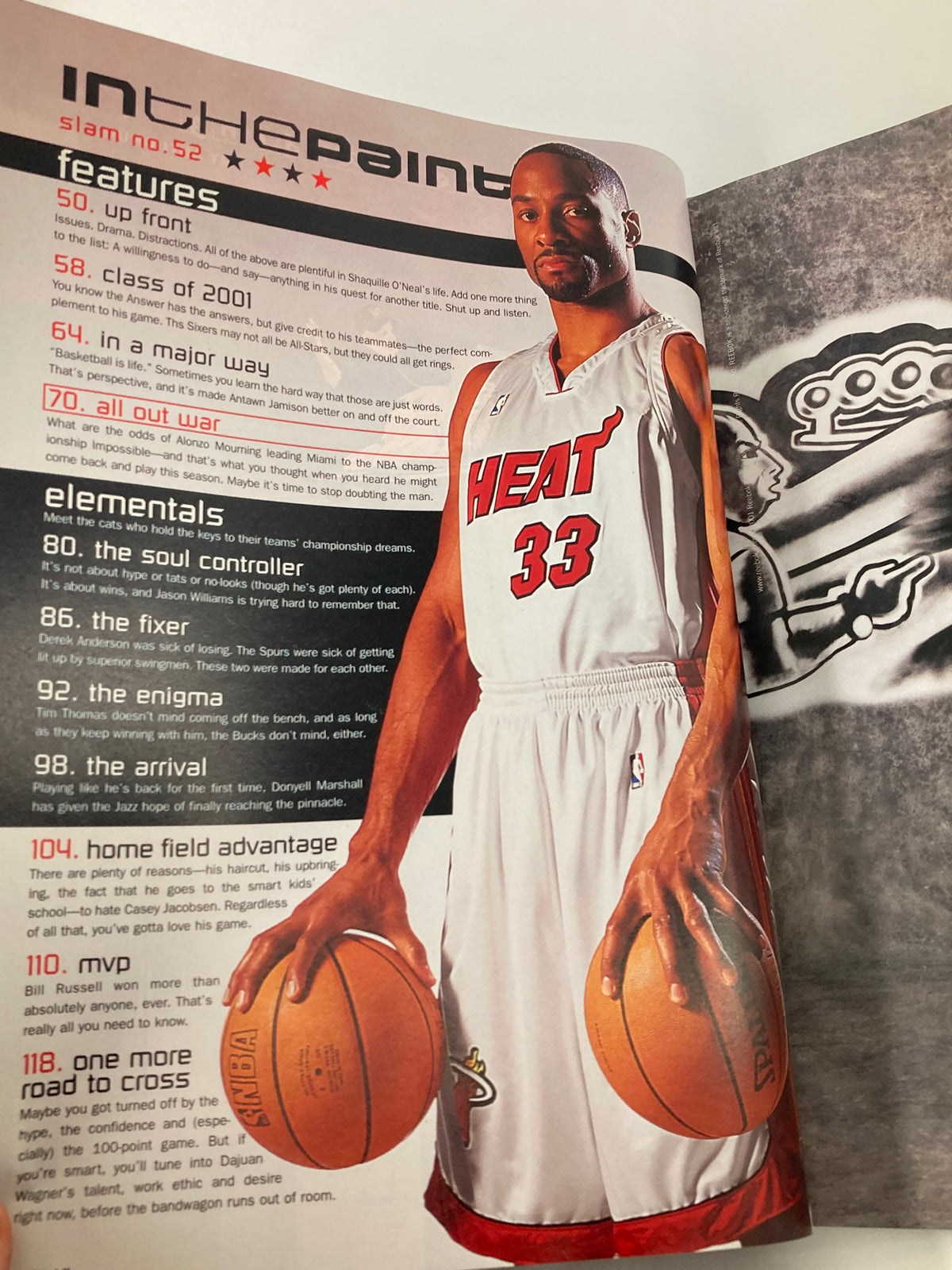 Inside page of Slam Magazine June 2001 with Alonzo Mourning, featuring details about his impact on the Miami Heat and the NBA, including statistics and highlights.