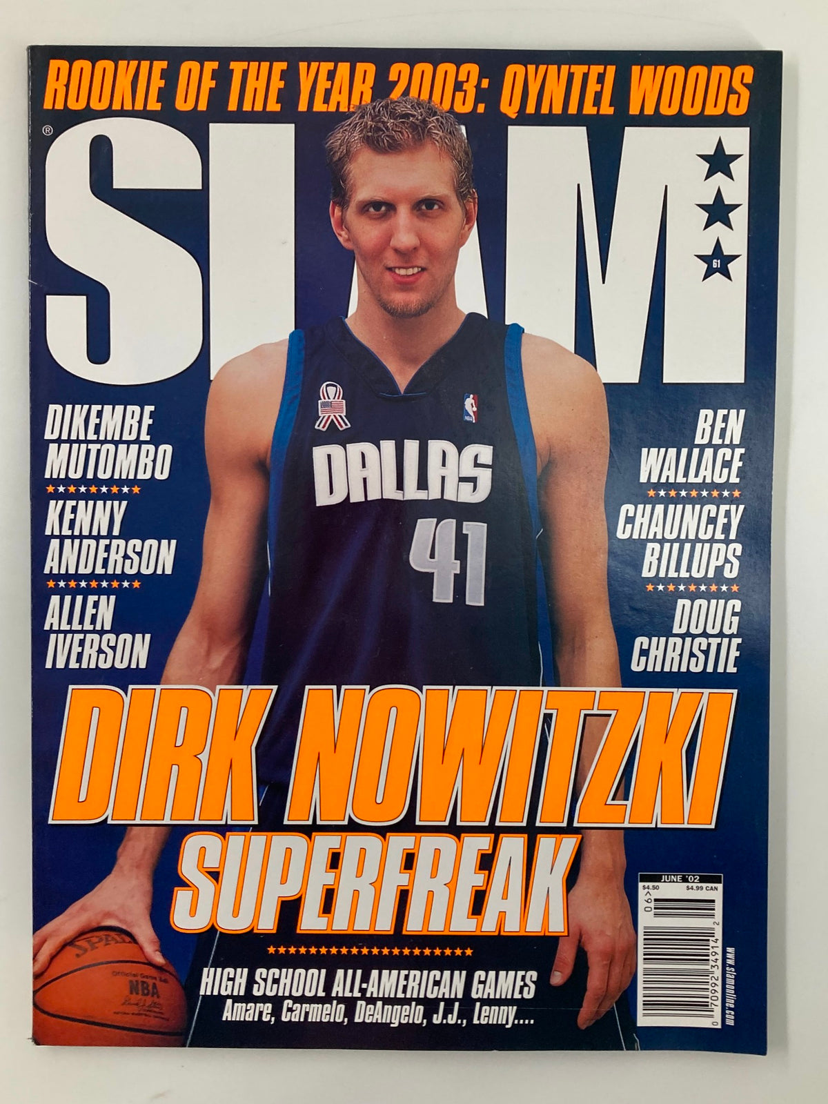 Cover of Slam Magazine June 2002 featuring Dirk Nowitzki, showcasing his iconic image as a Dallas Mavericks player with bold typography.