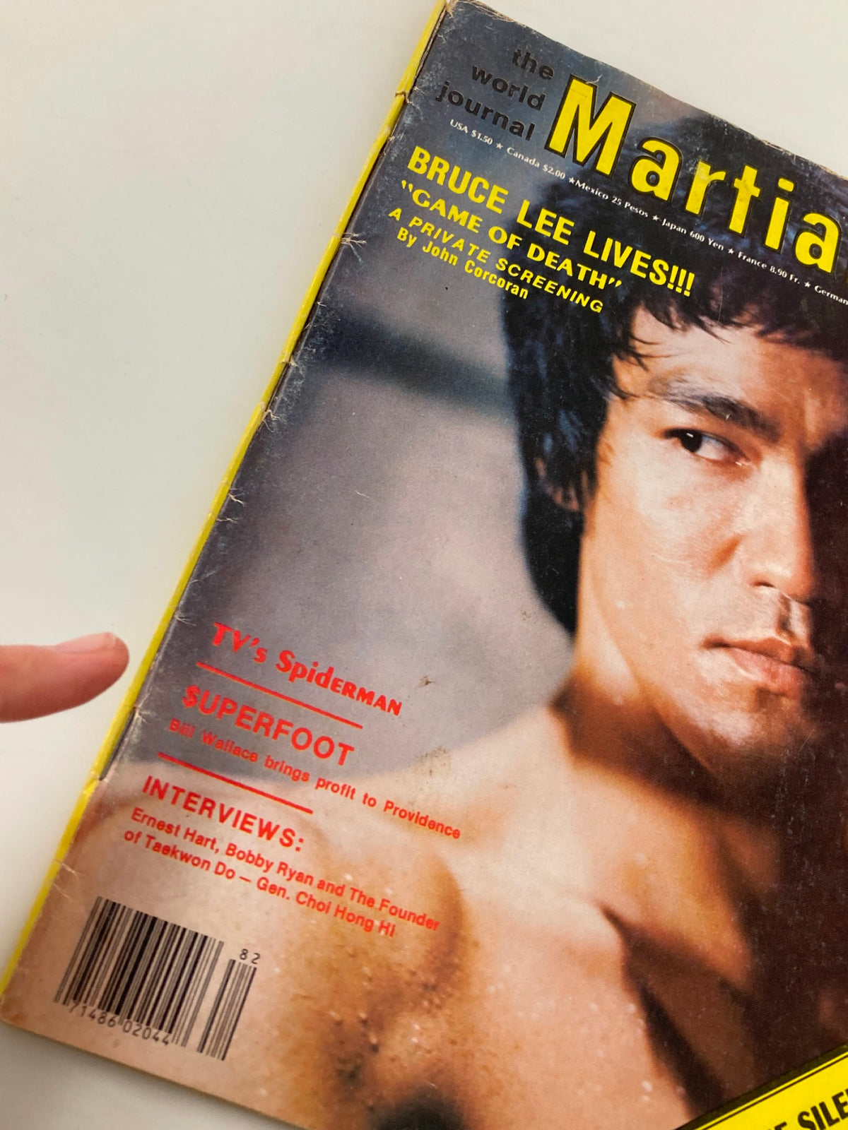 Close-up view of VTG World Journal Martial Arts Summer 1978, highlighting Bruce Lee 'Game of Death' No Label, with text mentioning TV's Spiderman and interviews, showing the magazine's vintage condition.