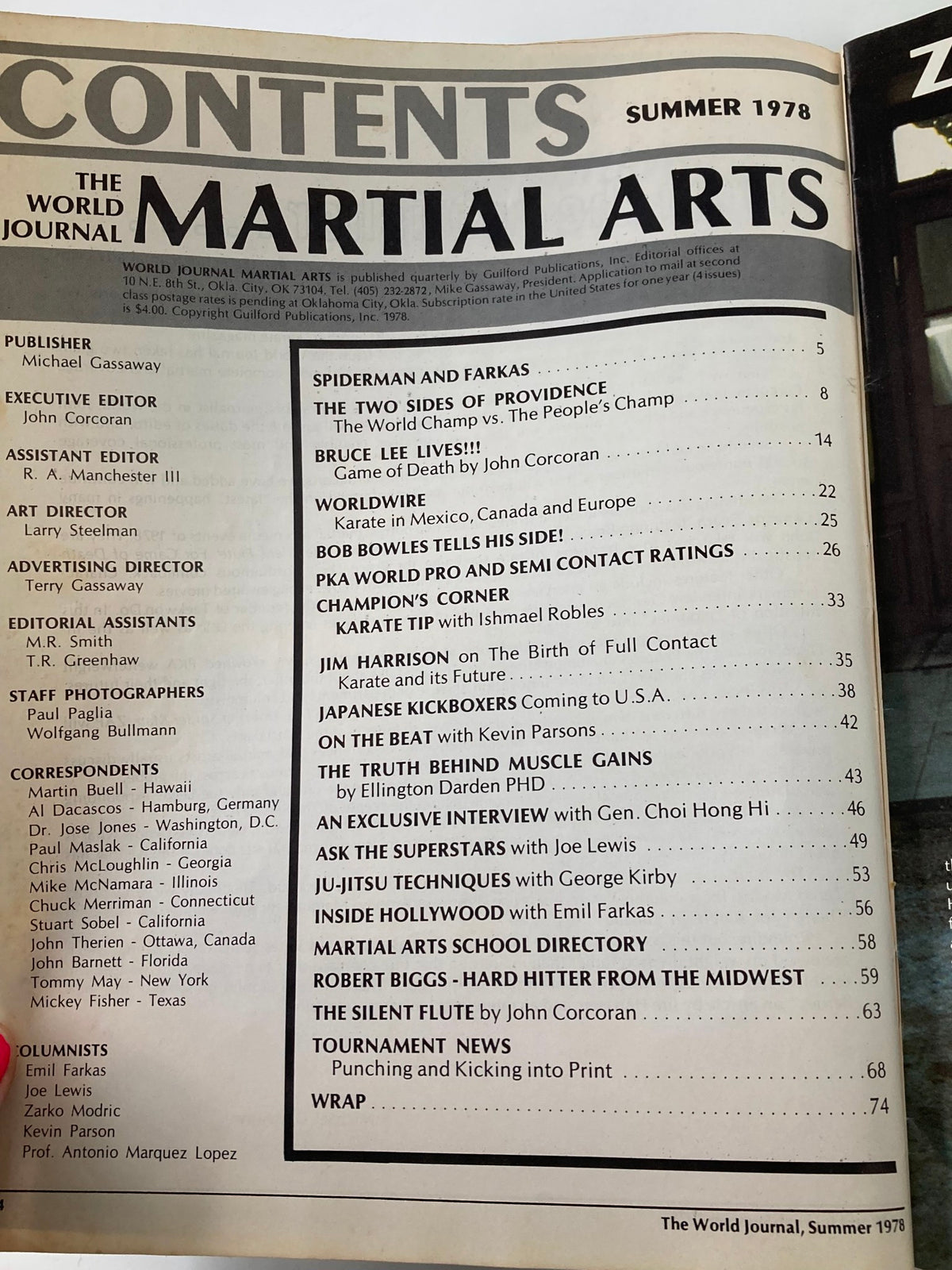 Contents page of VTG World Journal Martial Arts Summer 1978 Bruce Lee 'Game of Death'. Highlights articles including Bruce Lee Lives and The Silent Flute.