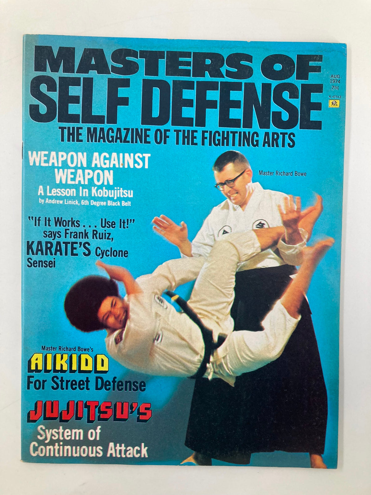 Cover of VTG Master of Self Defense Magazine August 1974 featuring Master Richard Bowe, showcasing martial arts techniques including Aikido and Jujitsu.