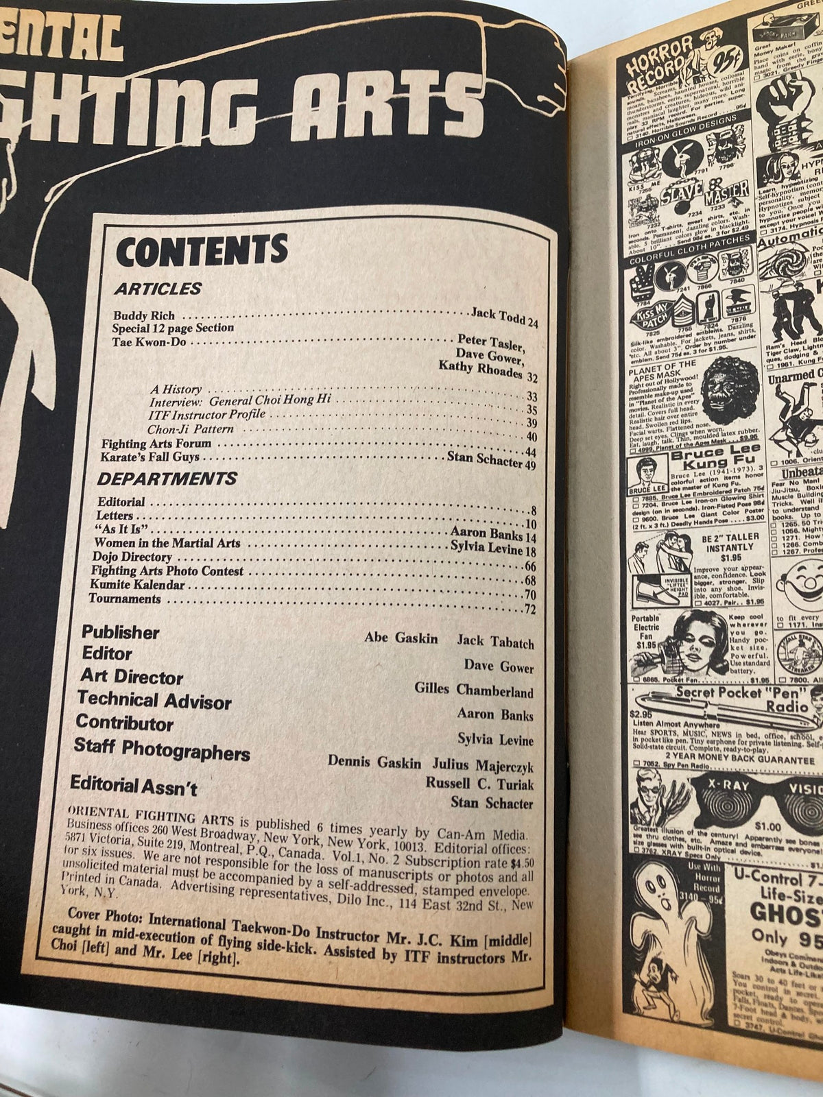 Contents page of VTG Oriental Fighting Arts Magazine September 1974, listing articles including interview with Gen. Choi Hong Hi and features on Taekwondo.