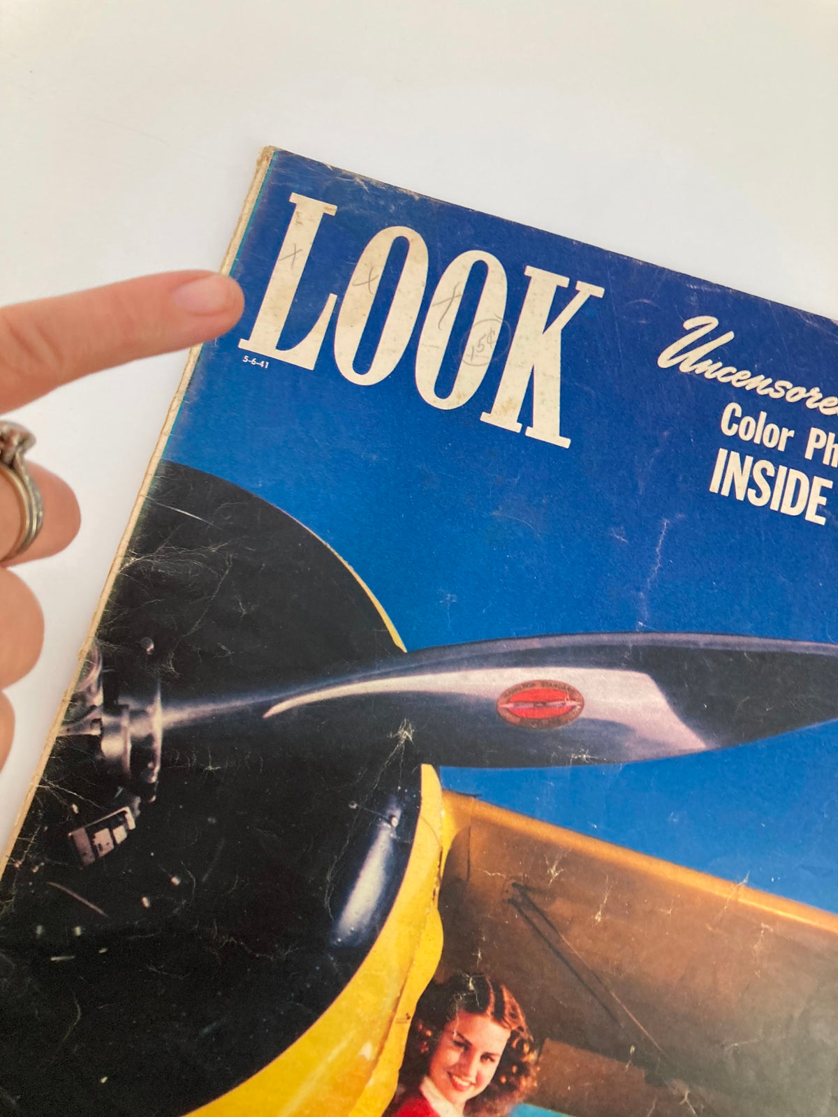 Close-up of the VTG Look Magazine May 6 1941 cover showing details like the title and Anita Sympson near the Beechcraft Biplane.