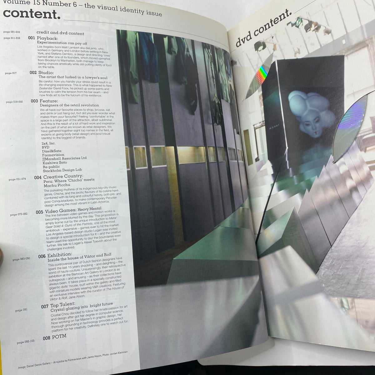 Inside page of IdN Magazine 2008/2009 Vol 15 No. 6 'Design the Retail Revolution' displaying contents including articles on visual identity, design features, and industry insights.