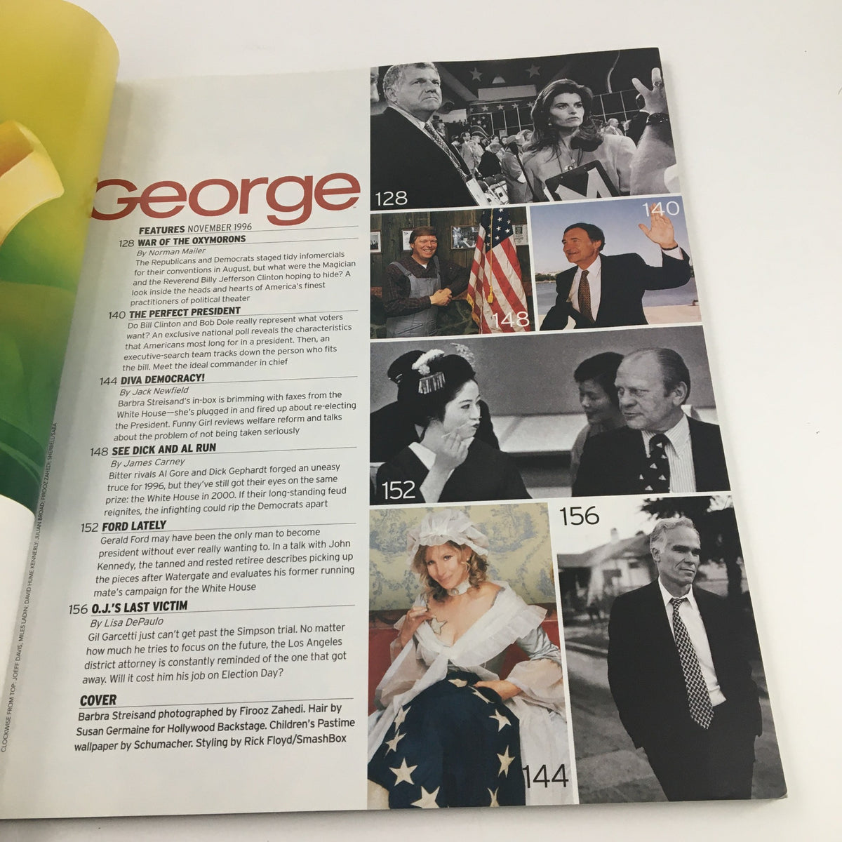 Inside pages of George Magazine November 1996 featuring Barbra Streisand, Donna Rice, and Ross Perot. Highlights articles discussing political landscape and cultural insights of the late 90s, with images related to various topics in this vintage publication.