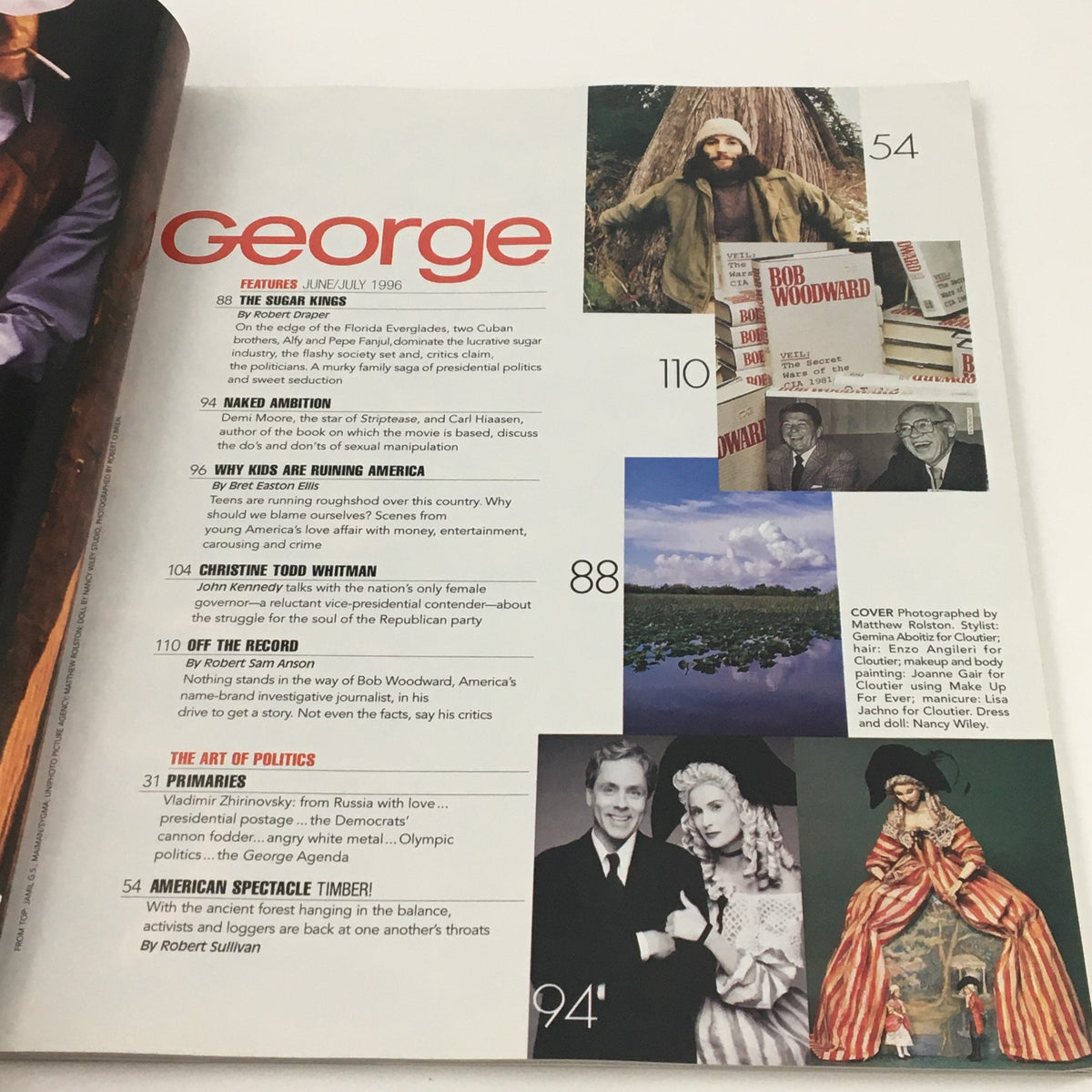 Table of contents from George Magazine June 1996, listing articles, including features on politics and celebrity culture, showcasing the magazine's blend of serious commentary and entertainment.