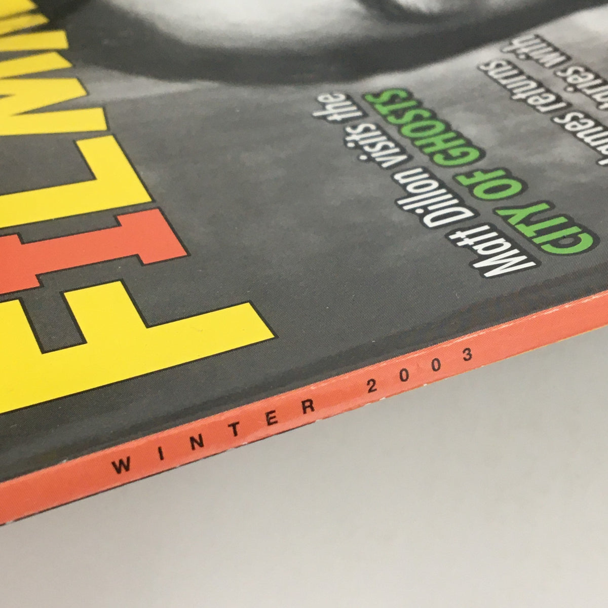 Spine view of Filmmaker Magazine Winter 2003 indicating the publication year with the text 'WINTER 2003', showcasing the magazine's focus on independent cinema.