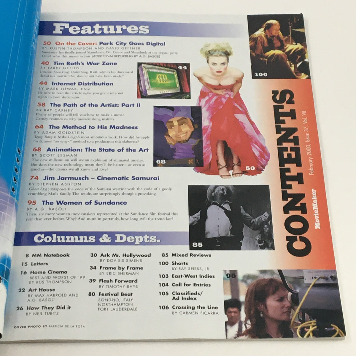 Contents page of Movie Maker Magazine February 2000, listing features such as Sundance 2000 and Tim Roth's work.