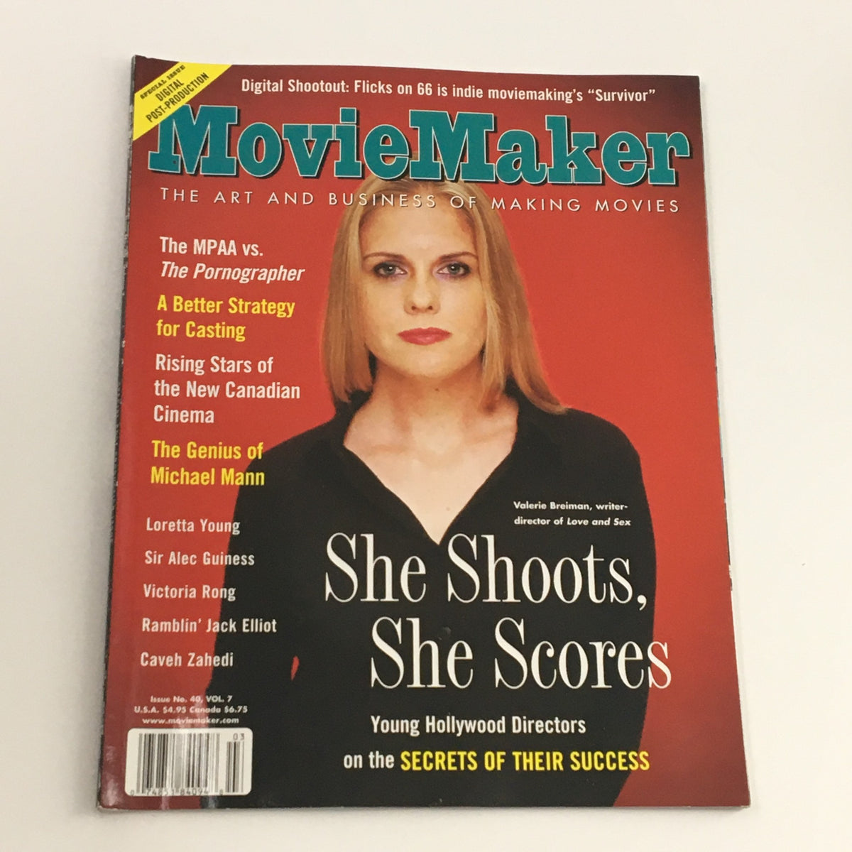 Cover of Movie Maker Magazine Fall 2000 featuring writer and director Valerie Breiman, showcasing the headline 'She Shoots, She Scores' highlighting young Hollywood directors.