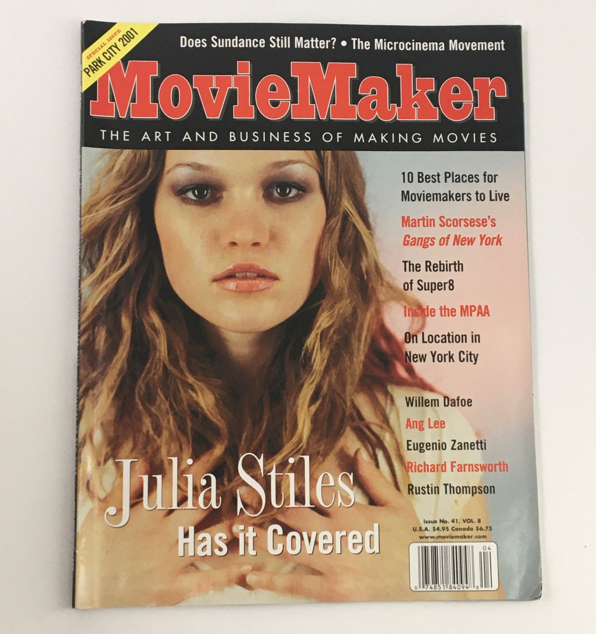Movie Maker Magazine Winter 2001 cover featuring Julia Stiles with the headline 'Has it Covered,' alongside articles about filmmaking, Ang Lee, and insights into the film industry.