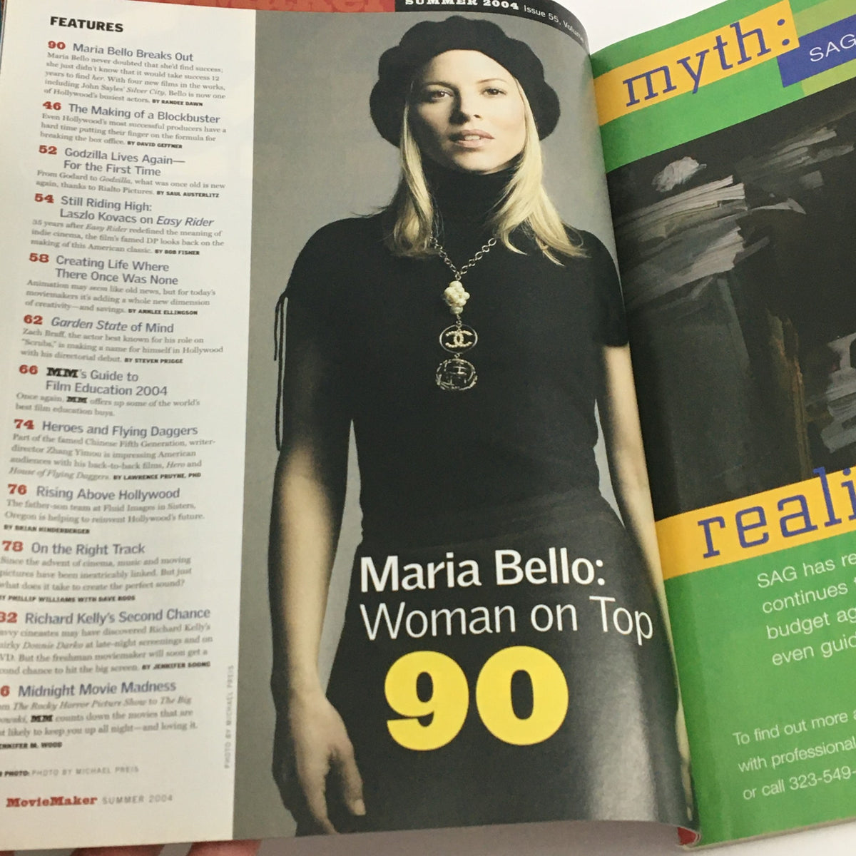 Inside page of Movie Maker Magazine Summer 2004 highlighting an article on Maria Bello, emphasizing her role in the film industry.