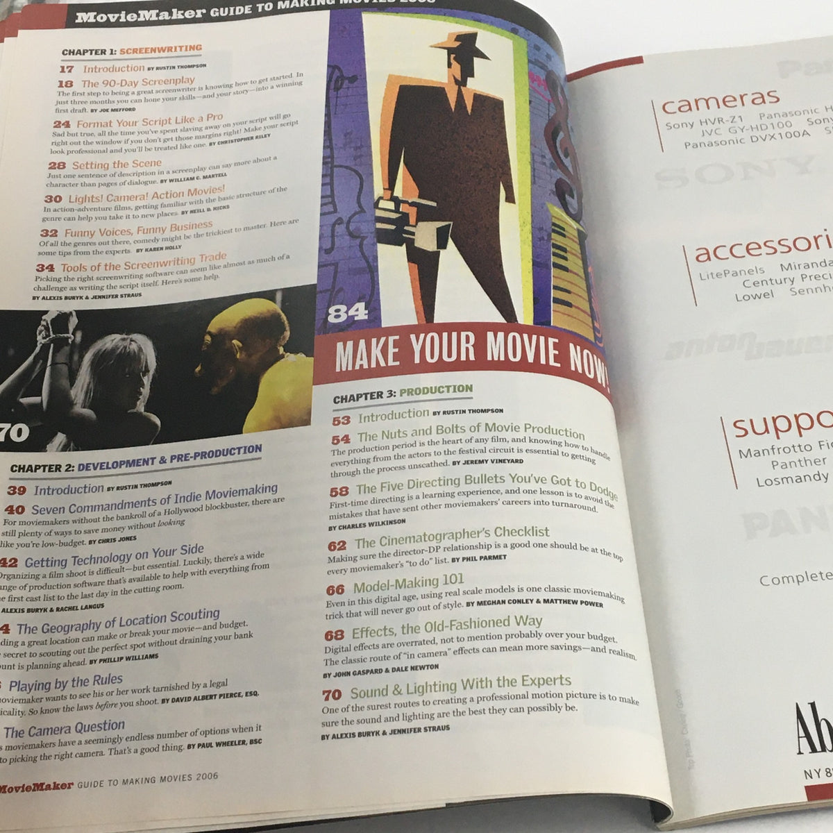 Interior page of Movie Maker Magazine July 2006 showcasing chapters on screenwriting and movie production, emphasizing filmmaking techniques and expert tips.