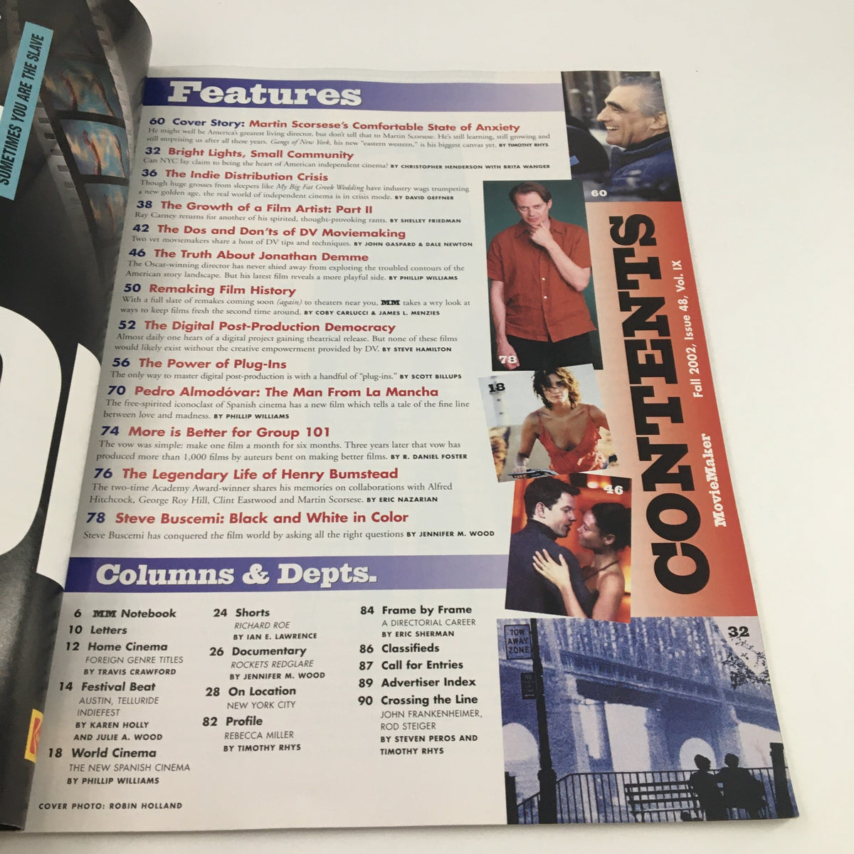 Contents page of Movie Maker Magazine Fall 2002 detailing features and articles including insights from Martin Scorsese and others in the film industry.