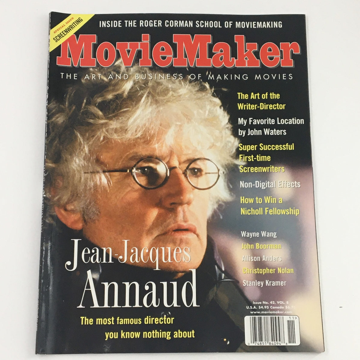 Movie Maker Magazine Spring 2001 featuring Jean-Jacques Annaud and Wayne Wang on the cover, highlighting the art and business of filmmaking.