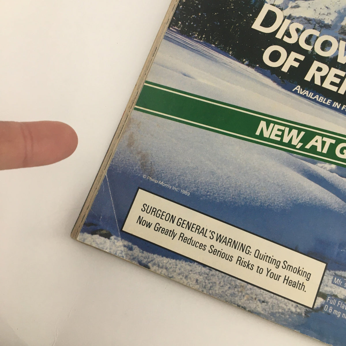 Closer view of the back cover of People Weekly Magazine March 27, 1989 showing the advertisement for Menthol Alpine with a Surgeon General's warning about the health risks of smoking.