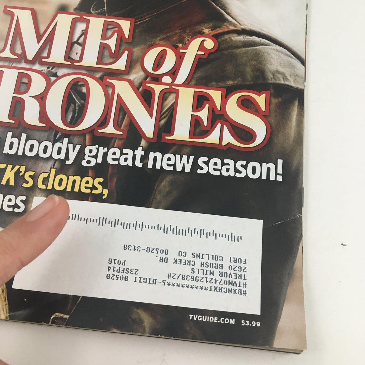 Cover of TV Guide Magazine from April 7, 2014, featuring Kit Harington from Game of Thrones, showcasing the address label and pricing detail, part of a special edition that includes a Mad Men feature.