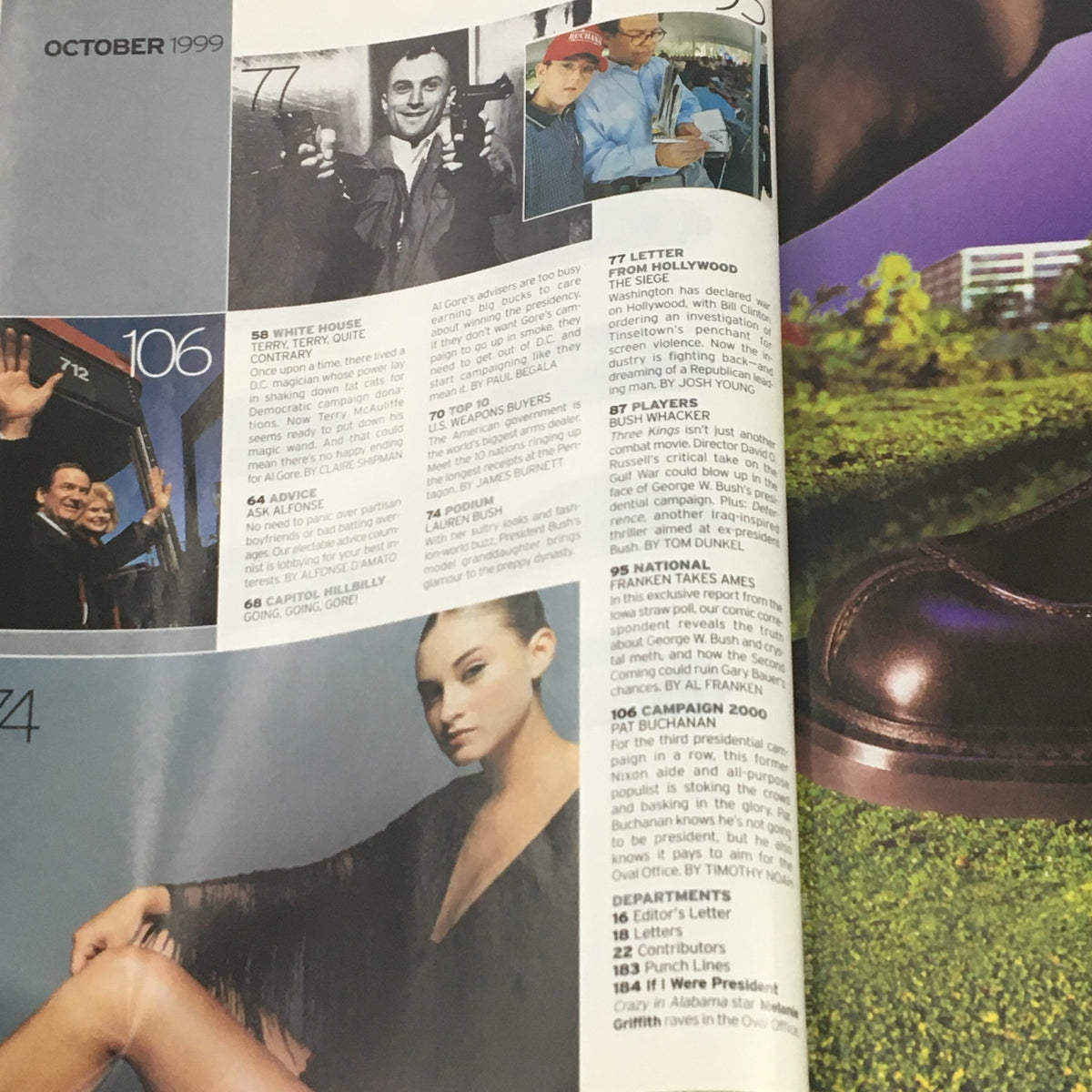 Interior page layout from George Magazine October 1999 Tribute Issue to John Kennedy, featuring articles and images relevant to the era.