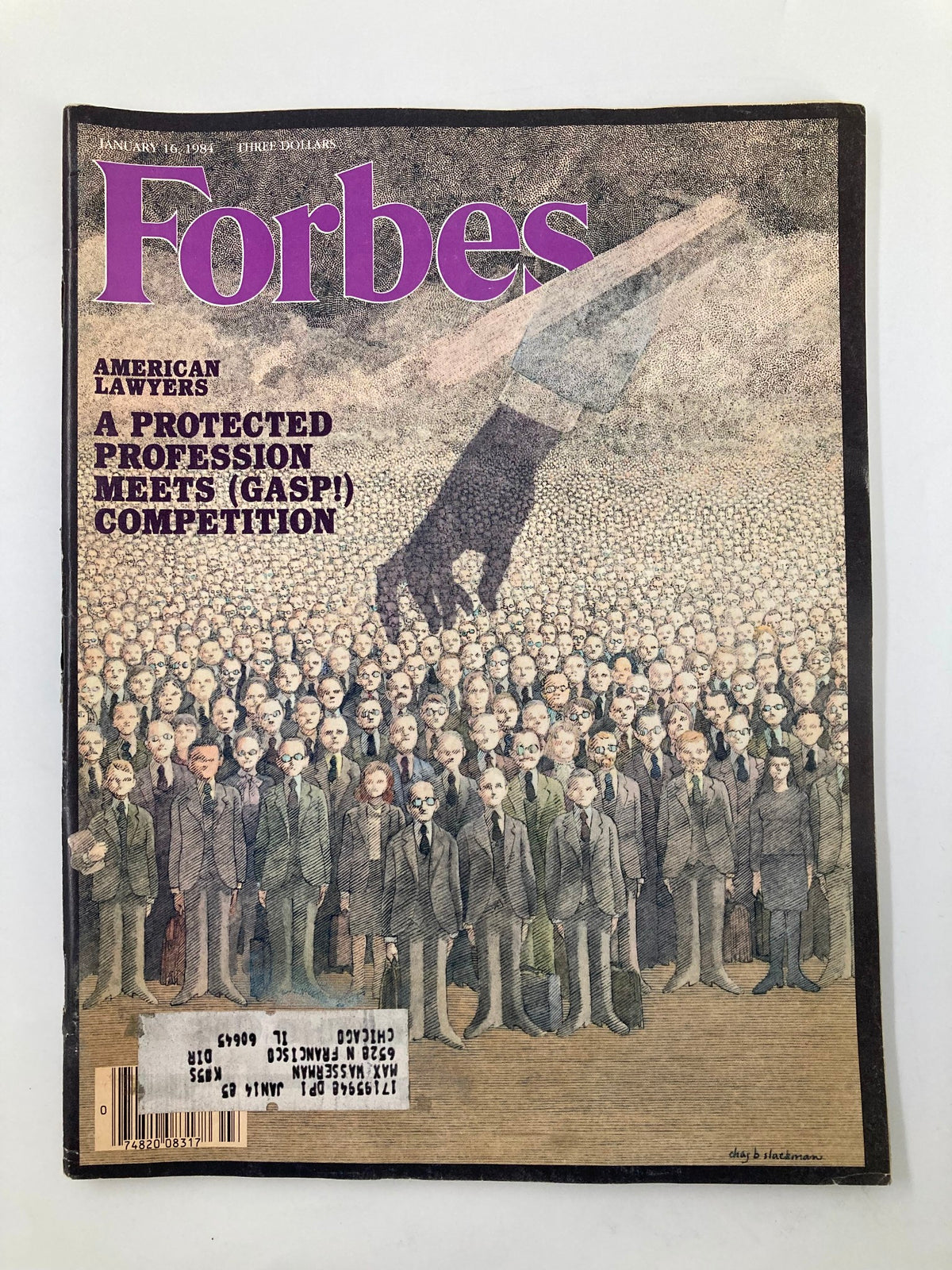 Cover of Forbes Magazine from January 16, 1984, featuring the title 'A Protected Profession Meets Competition.' The cover art depicts a crowd of similarly dressed individuals with a large hand reaching towards them, symbolizing competition in the legal profession.