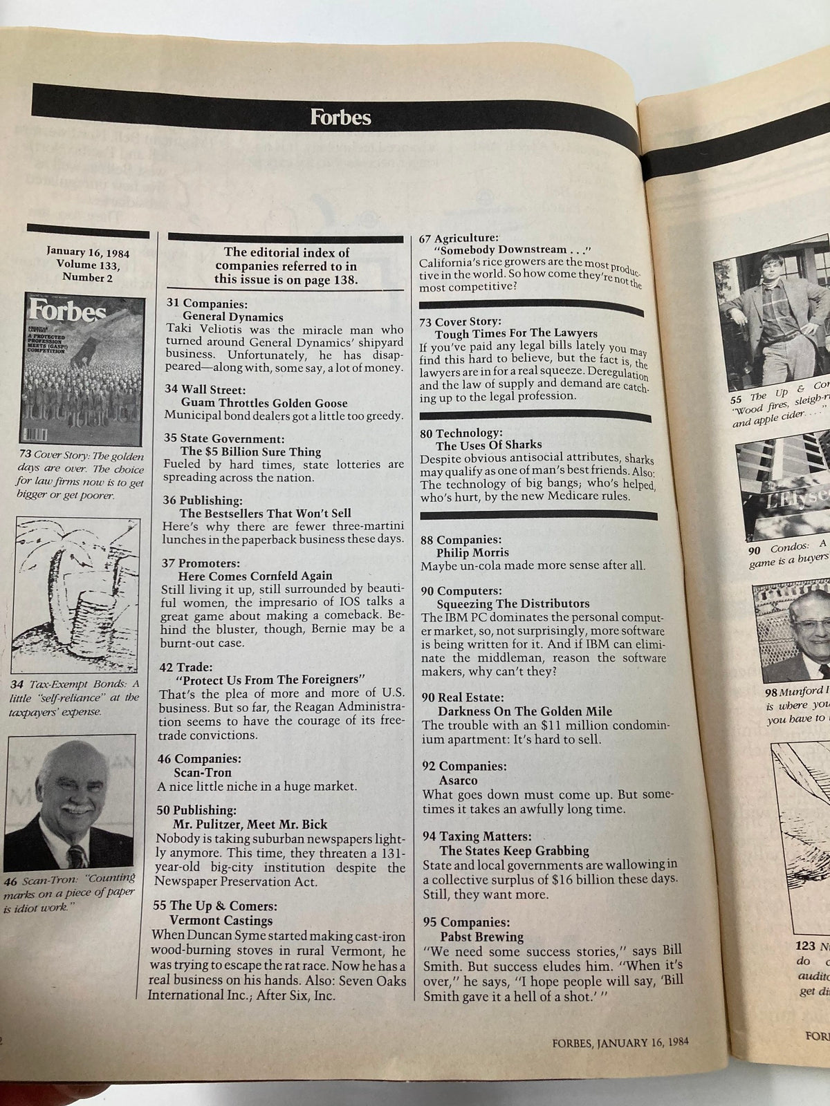 Forbes Magazine January 16, 1984 featuring an editorial index of companies and articles discussing competition in protected professions, Wall Street, and various business topics.