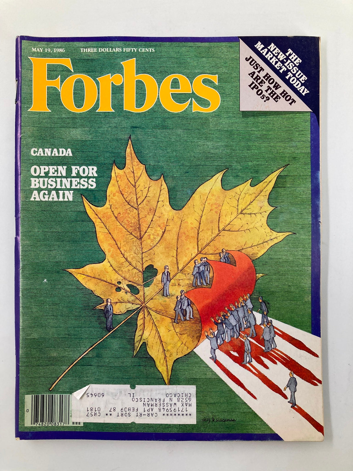 Cover of Forbes Magazine dated May 19, 1986, featuring the theme 'Canada is Open For Business Again' with a large maple leaf and illustrations of businesspeople.