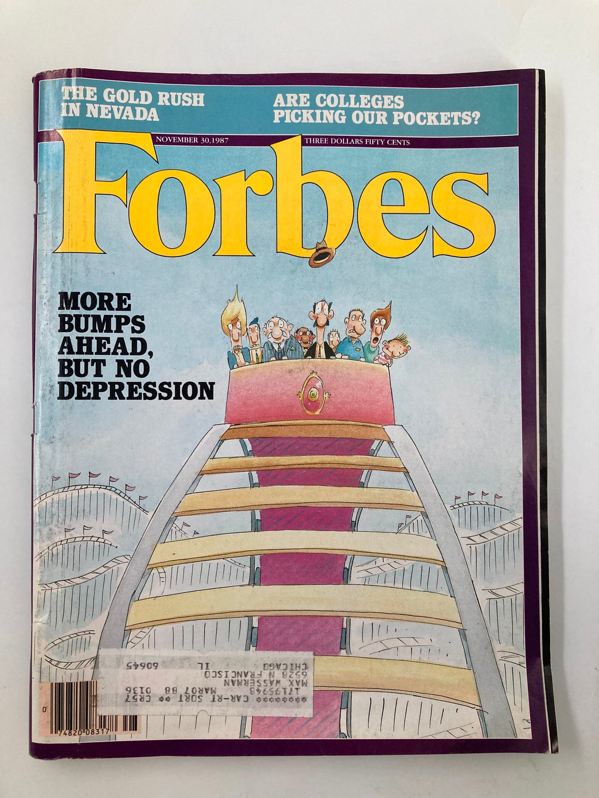 Forbes Magazine cover from November 30, 1987, featuring the title 'More Bumps Ahead But No Depression', showcasing a cartoon illustration reflecting the economic sentiments of the late 1980s.