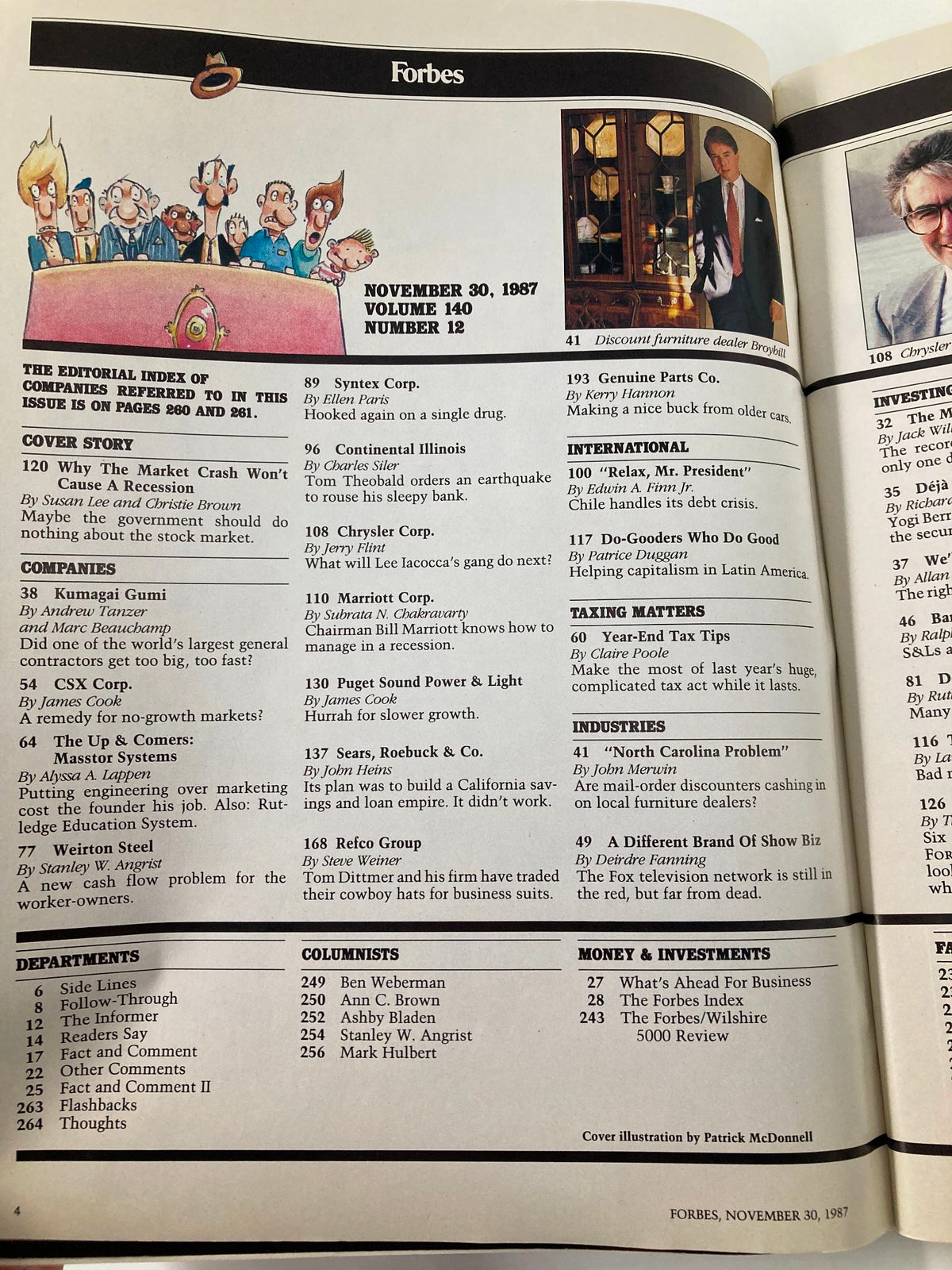 Interior page of Forbes Magazine, November 30, 1987, displaying the editorial index and cover story overview, emphasizing key articles that discuss the economic landscape and market predictions.